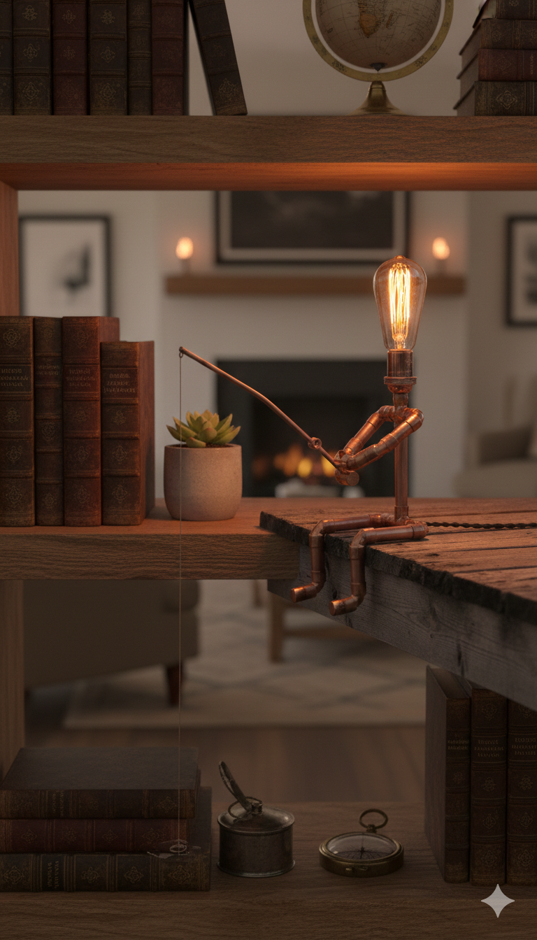 Handmade Industrial Copper Fishing Man Lamp