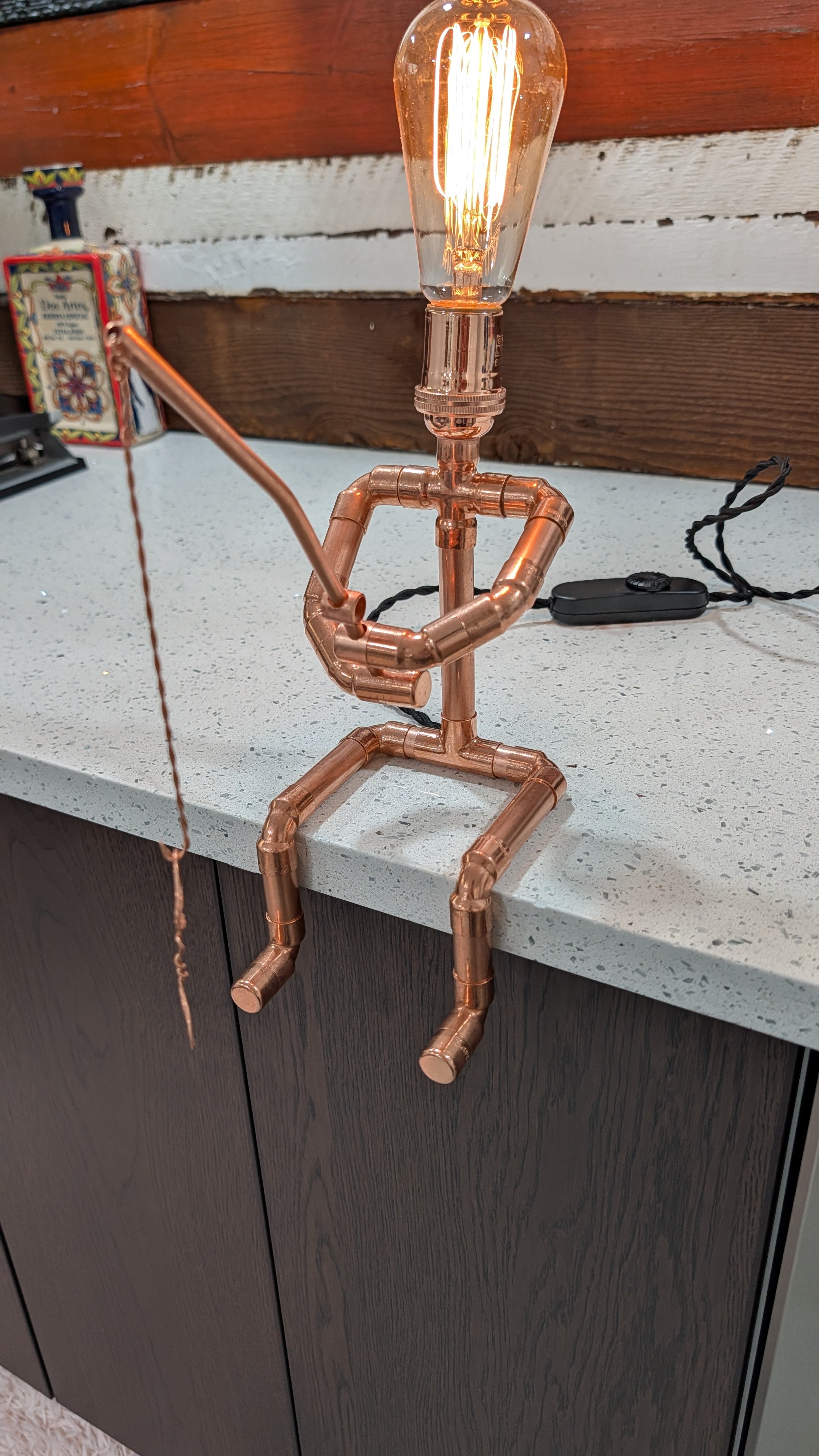 Handmade Industrial Copper Fishing Man Lamp